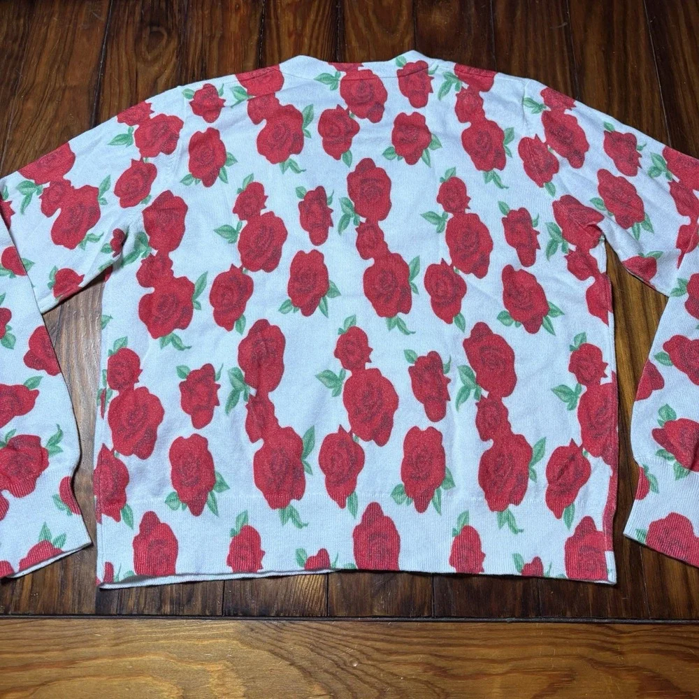 J. Society Rose Floral Cardigan Sweater Red White Cotton M A1387